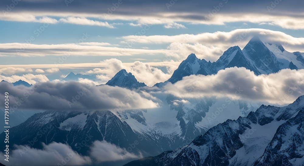 Fototapeta premium Snowy Mountains with Cloudscape, and Sunrise.
