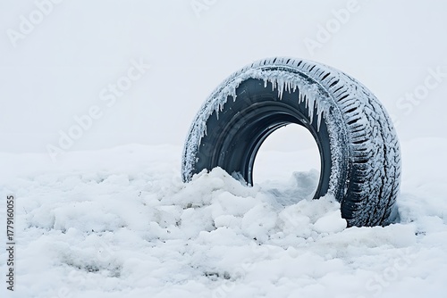 An old car tire half-buried in snow