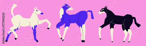 Set of abstract hand drawn horses. Groovy wild mascots for the symbol of the New Year 2026. Vector illustration