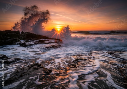 Fototapeta Naklejka Na Ścianę i Meble -  Ocean wave crashing during sunset with orange sky and sunlight