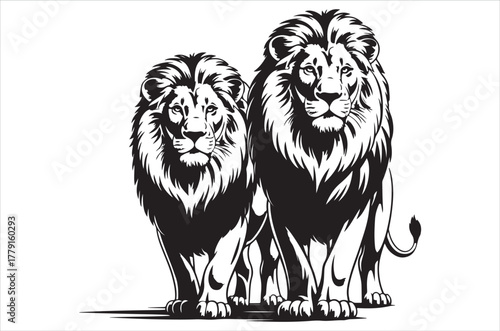 Two majestic lions stand powerfully depicted in a striking black and white style