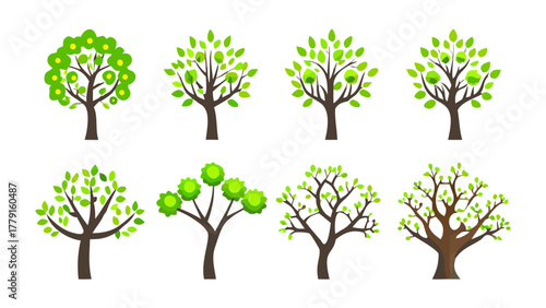 Arboreal Ensemble: A captivating array of stylized trees, each adorned with lush green foliage, showcasing diverse shapes and forms against a pristine backdrop. 