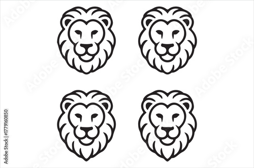 Four stylized black and white lion head illustrations on a white background
