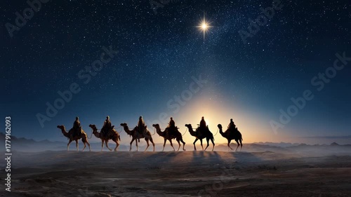 Three wise men traveling on camels following the bright Bethlehem star across desert under night sky