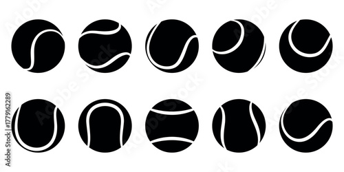 Set of black and white tennis balls from different angles. Flat vector illustration isolated on a white background.