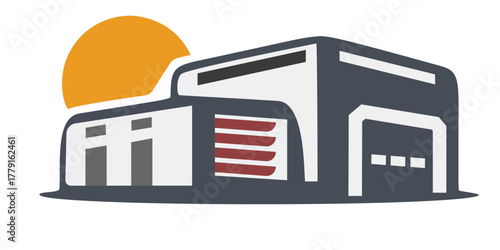 Modern Industrial Warehouse Building With Sunset Behind Large Facility And Garage Doors