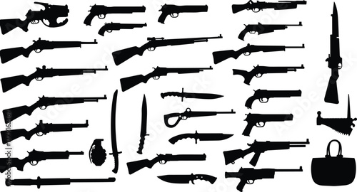 Black silhouette set of vintage and modern guns, rifles, knives, grenades, and weapons isolated on white background for design, illustration, defense
