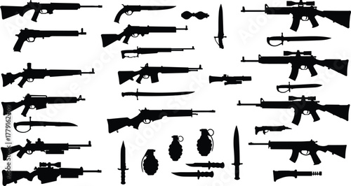 Black silhouette collection of modern military weapons, rifles, knives, grenades, and combat arms isolated on white background for design, security, defense, illustration