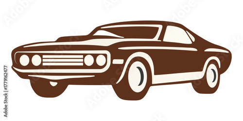 Brown Vintage Car Illustration With Retro Muscle Design, Front Perspective