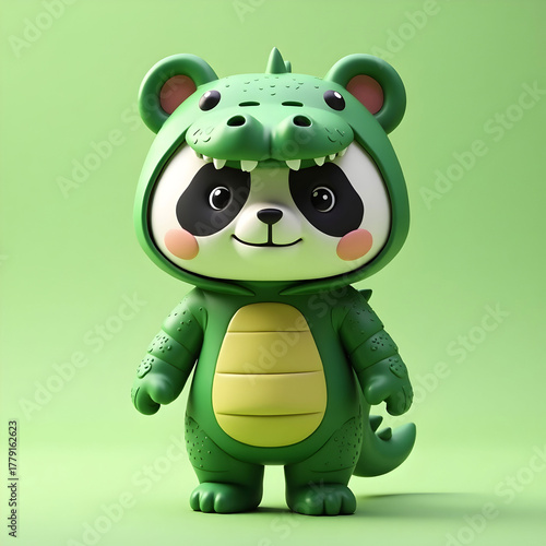 3d chibi panda in wearing green crocodile costume
