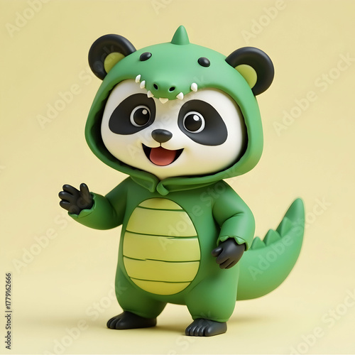 3d chibi panda in wearing green crocodile costume