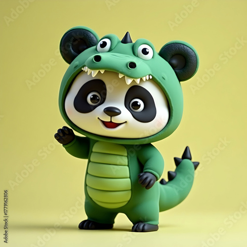 3d chibi panda in wearing green crocodile costume