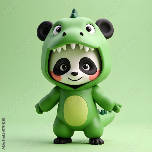 3d chibi panda in wearing green crocodile costume