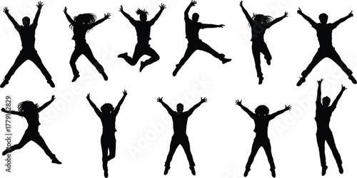 Group of people jumping silhouettes, happy motion poses, energetic freedom expression, active lifestyle concept, joyful movement and celebration illustration