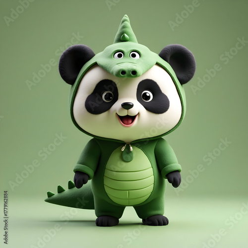 3d chibi panda in wearing green crocodile costume