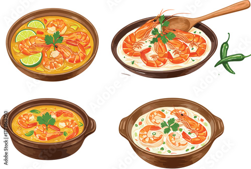 Delicious shrimp soup bowls, spicy seafood curry illustration, creamy prawn noodle broth, traditional Asian cuisine dish, fresh herbs garnish artwork