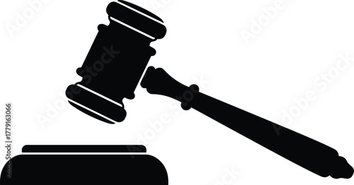 Judge gavel silhouette, legal justice symbol, law authority hammer illustration, black and white vector design for courtroom, decision and judgment concept