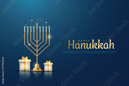Vector illustration of Jewish holiday Hanukkah on blue background. Creative Celebration banner design for Israel.