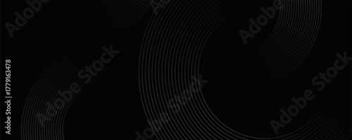 Black abstract background with circle lines. Modern black gray gradient rings. Suitable for banner, cover, poster, website, presentation, brochure, flyer, header