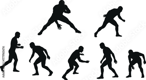 Strong athletic man silhouettes in action poses, dynamic sports motion, fitness body movement concept for training and performance illustration