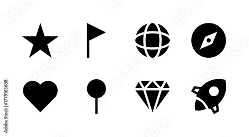 Essential Miscellaneous Icon Set - Star Heart Globe Diamond and Symbol Elements