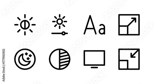 Modern Display and Theme Icon Set - Light Dark Mode Brightness and Screen Elements