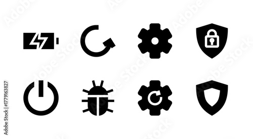 Complete System and Utilities Icon Set - Battery Power Security and Settings Elements