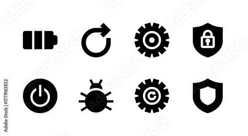 Complete System and Utilities Icon Set - Battery Power Security and Settings Elements