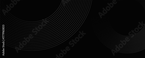 Black abstract background with circle lines. Modern black gray gradient rings. Suitable for banner, cover, poster, website, presentation, brochure, flyer, header