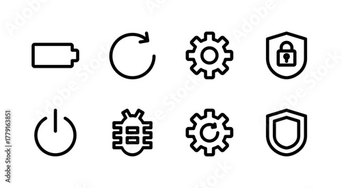Complete System and Utilities Icon Set - Battery Power Security and Settings Elements