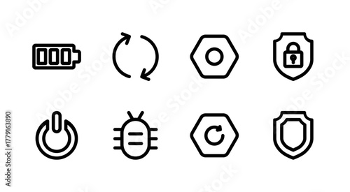 Complete System and Utilities Icon Set - Battery Power Security and Settings Elements