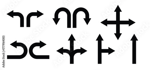Traffic route. navigation arrow symbol icon set. direction icon. U turn, go straight, one-way, two-way, three-way direction arrow sign. vector illustration