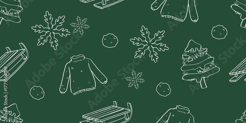 Festive seamless winter pattern with snowflakes, sweaters, sleds, and trees. Perfect for seasonal design, wrapping, or textiles.vector and illustration.