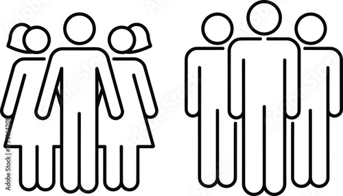 Minimal outline illustration showing male and female group icons standing together representing teamwork, community support, gender diversity, people unity concept