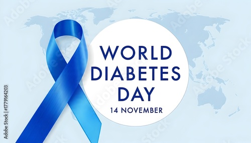 World diabetes day awareness poster banner background design with blue ribbon and circle badge on world map banner vector illustration