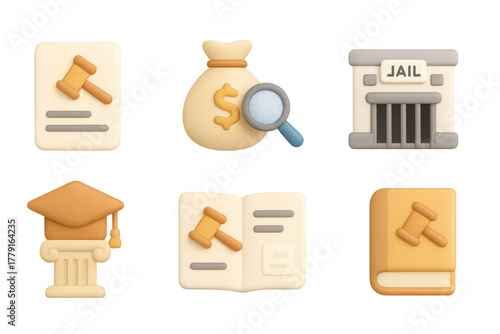 Legal icons set featuring law book, gavel, money, and jail in 3d style