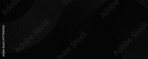 Black abstract background with circle lines. Modern black gray gradient rings. Suitable for banner, cover, poster, website, presentation, brochure, flyer, header