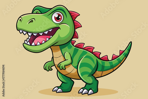 Cartoon green tyrannosaurus rex with red spikes dinosaur