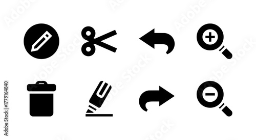 Essential UI Icon Set - Edit Delete Undo Redo and Zoom Editing Tool Elements