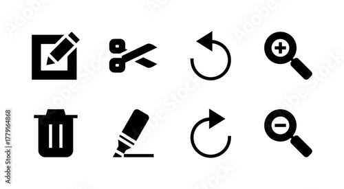 Essential UI Icon Set - Edit Delete Undo Redo and Zoom Editing Tool Elements