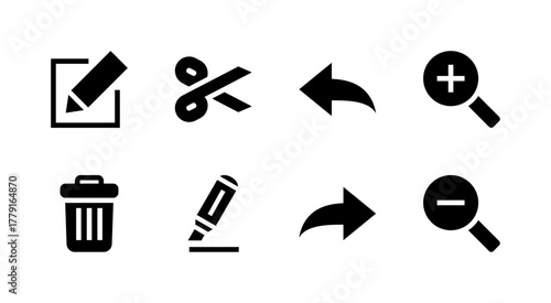 Essential UI Icon Set - Edit Delete Undo Redo and Zoom Editing Tool Elements