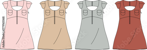 Four-piece women's sleeveless summer dress collection in various pastel and earthy tones, featuring a zipper front and pocket detail