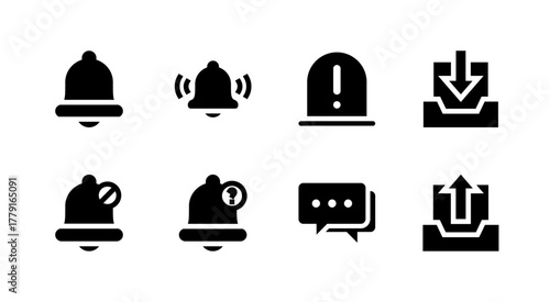 Essential UI Icon Set - Bell Alert Warning and Message Notification Elements