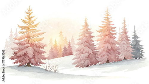 a group of snow-covered pine trees in a peaceful winter forest soft snow piles on the ground
