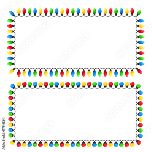 Vector image of Christmas lights. Festive decor and decoration made of colorful Christmas lights. Graphic element for your designs, Christmas cards, websites, banners, and posters.