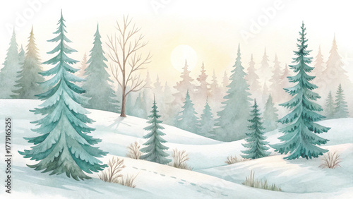 a group of snow-covered pine trees in a peaceful winter forest soft snow piles on the ground
