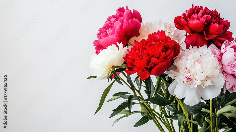 Obraz premium Bouquet of pink, red and white peonies placed on the right side of the frame, with green leaves at the base, set against a light gray background; soft-focus effect adds depth to the composition. 