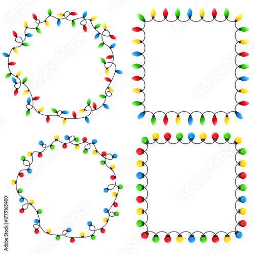 Vector image of Christmas lights. Festive decor and decoration made of colorful Christmas lights. Graphic element for your designs, Christmas cards, websites, banners, and posters.