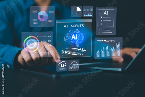 Artificial intelligence concept with AI agents and data analytics dashboard. Man working on laptop with futuristic interface for big data, machine learning, automation, and innovation.