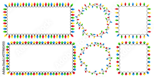 Vector image of Christmas lights. Festive decor and decoration made of colorful Christmas lights. Graphic element for your designs, Christmas cards, websites, banners, and posters.